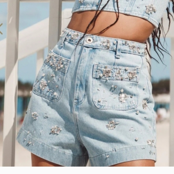 NWT PatBO Embellished Denim Shorts Faux Pearl, Bead & Crystal Size 6 MSRP$550 - Picture 12 of 16